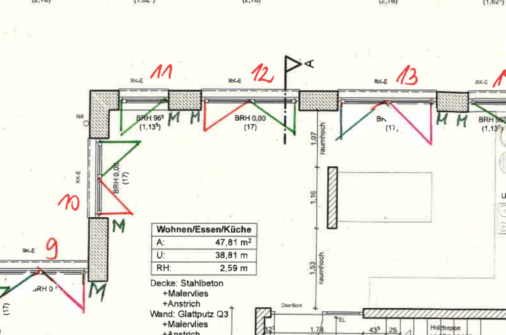 Ausschnitt aus dem korrigierten Plan, grün ist der zuerst zu öffnende Fensterflügel