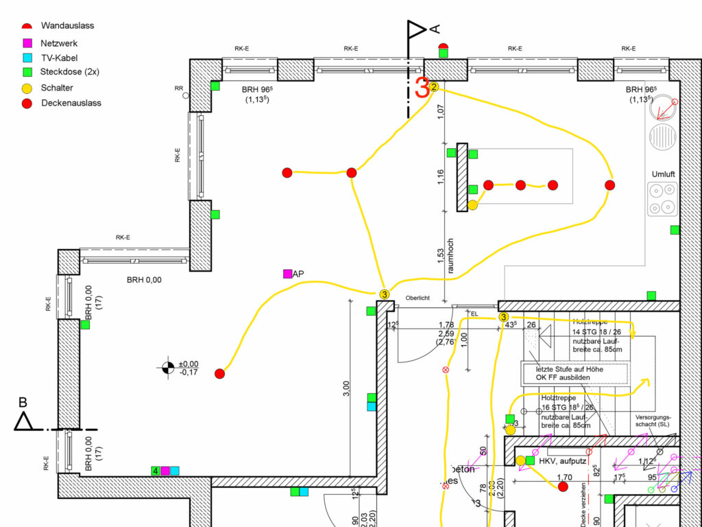 Ausschnitt aus unserem Entwurf der Elektroplanung, dem wir dem Elektriker bereitgestellt haben (Erdgeschoss).